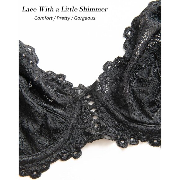 Women's Black Sexy Lace Bra Non Padded Underwire Unlined Bra Full Coverage - Picture 8 of 9